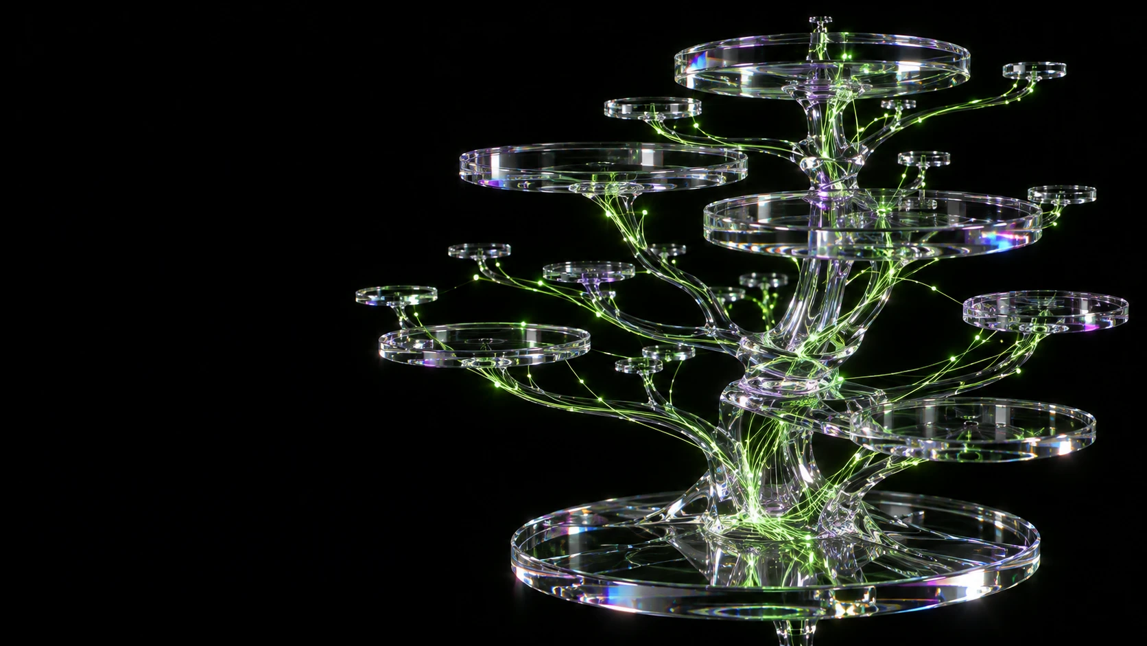A branching optical-glass sculpture carrying threads of green light